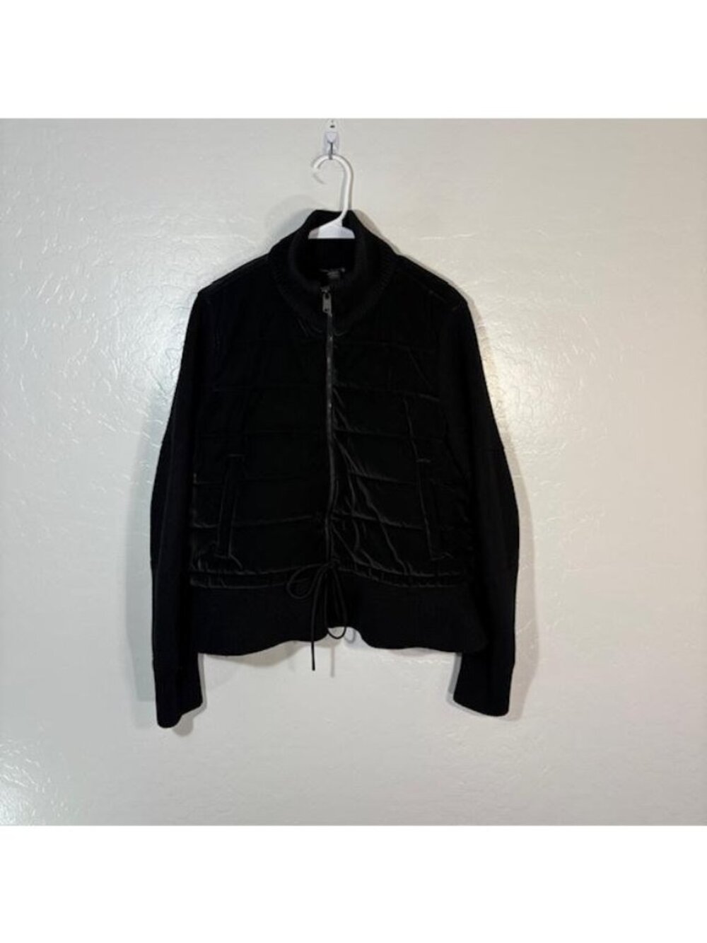 Athleta Hanover Hybrid Jacket Womens Large Black Quilted Zip Front Knit Trim